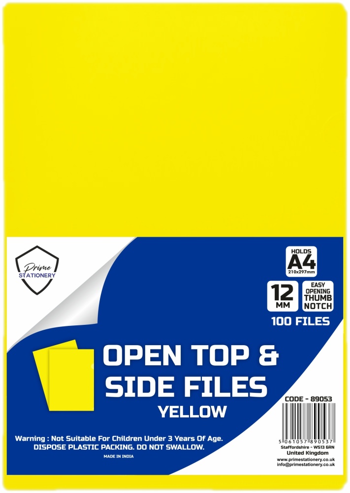 Prime A4 Open Top and Side Files Yellow Pack of 100